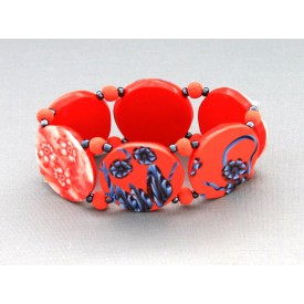 Bracelet perles plates Coraline fond corail moyen fleur bleu & corail 