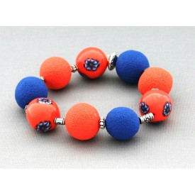 bracelet perles boules Coraline fond corail moyen fleur bleu & corail 