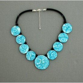 collier perles plates réversible transparent turquoise / fond noir fleur turquoise