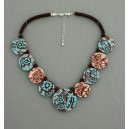 collier perles plates réversible transparent turquoise & marron / visage fleur turquoise & marron