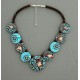 collier perles plates réversible transparent turquoise & marron / visage fleur turquoise & marron