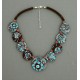 collier perles plates réversible transparent turquoise & marron / fond marron moyen fleur turquoise & marron