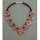 collier perles plates réversible transparent marron / visage fleur marron