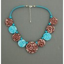 collier perles plates réversible transparent marron / fond turquoise fleur marron