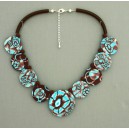 collier perles plates  transparent turquoise & marron