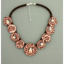 collier perles plates  visage fleur turquoise & marron