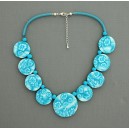 collier perles plates réversible transparent turquoise / visage fleur turquoise