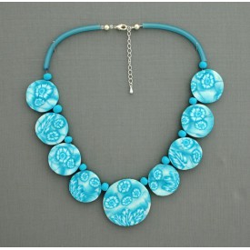 collier perles plates réversible transparent turquoise / visage fleur turquoise