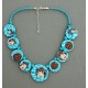 collier perles plates réversible transparent turquoise / visage fleur turquoise