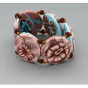 bracelet perles plates réversible transparent marron / fond turquoise clair fleur marron