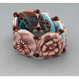 bracelet perles plates réversible transparent marron / fond turquoise clair fleur marron