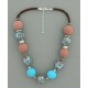 collier perles boules  transparent turquoise & marron