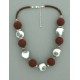 collier perles boules fond transparent fleur turquoise & marron