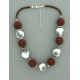 collier perles boules fond transparent fleur turquoise & marron