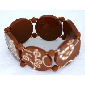 Bracelet perles plates Brune fond brun fleur brune