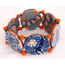 bracelet perles plates Maïlys réversible transparence, fleurs orange /fond gris fleur orange