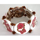 bracelet perles plates Brune réversible fond blanc fleur rose / transparence, fleurs brune