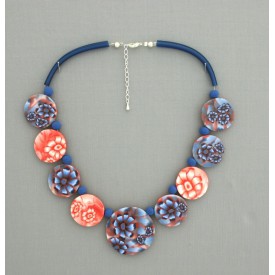Collier perles plates Coraline transparent bleu & corail